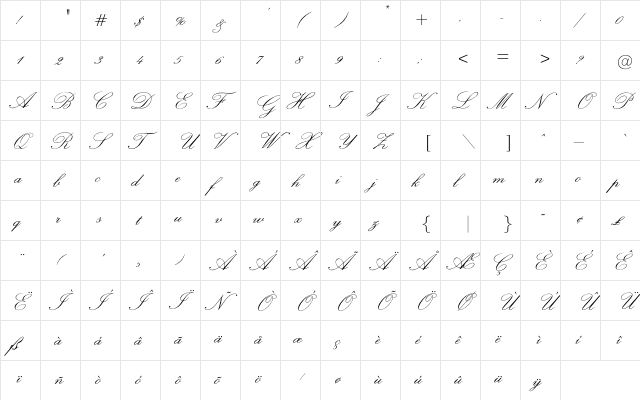 HelenaScript Regular  glyph index
