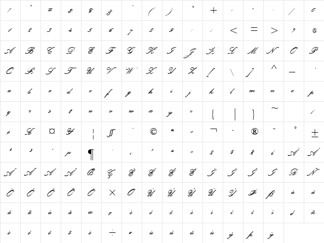 Palace Script MT Std Bold  glyph index