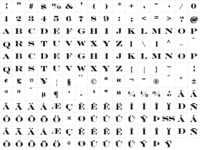 Engravers MT Std Bold  glyph index