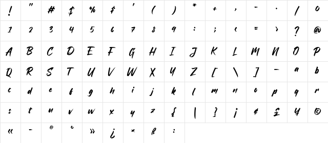 Bratt Graner Regular  glyph index