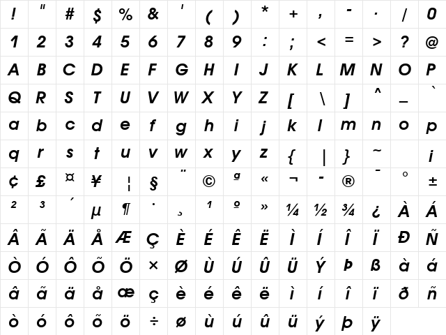 ITC Avant Garde SWA Demi Oblique  glyph index