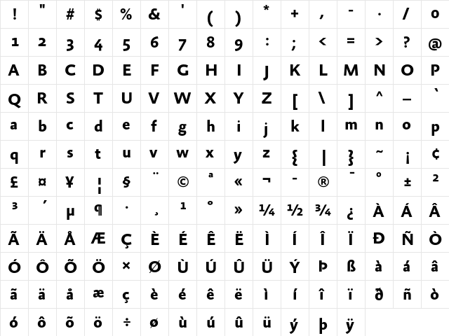 AbsaraSans-Bold Regular  glyph index