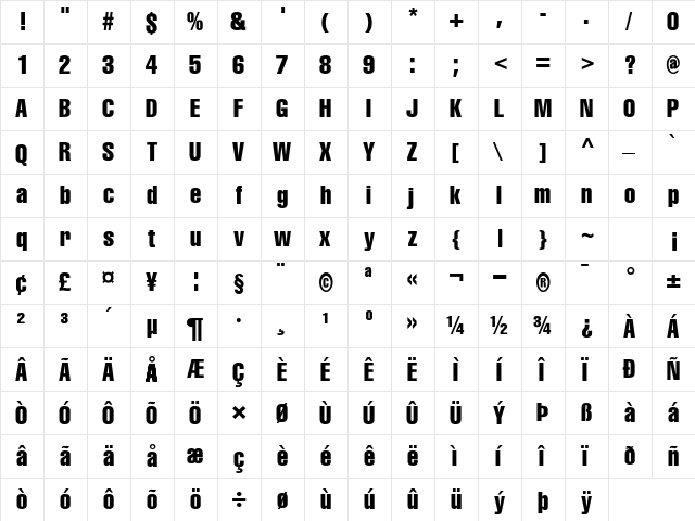 CorporateCompressed Regular  glyph index