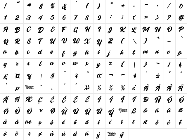 Historia Script DEMO Regular  glyph index
