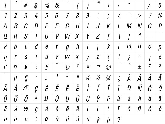 Beetham CondensedOblique  glyph index