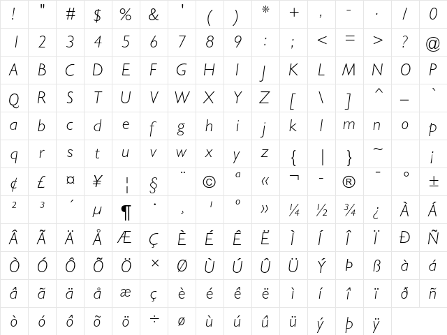 Gill Sans MT Std Light Italic  glyph index
