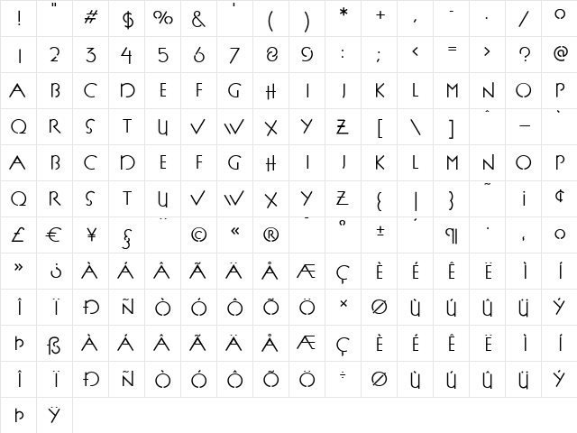P22FLLWExhibition Regular  glyph index