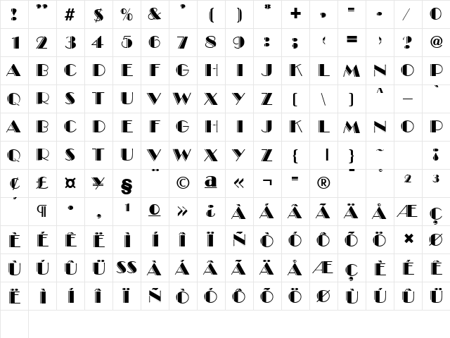BroadwayEngraved DB Regular  glyph index