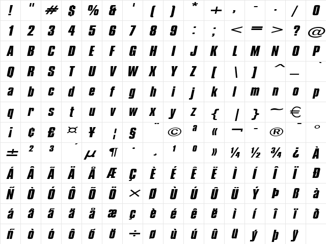 CommadorExtended Italic  glyph index