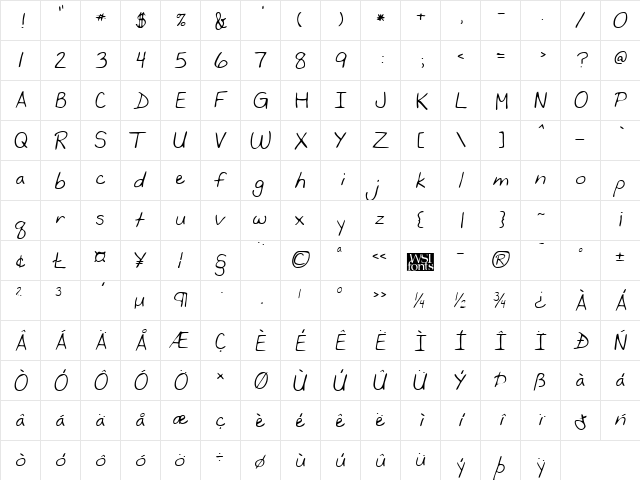 YancysHand Regular  glyph index