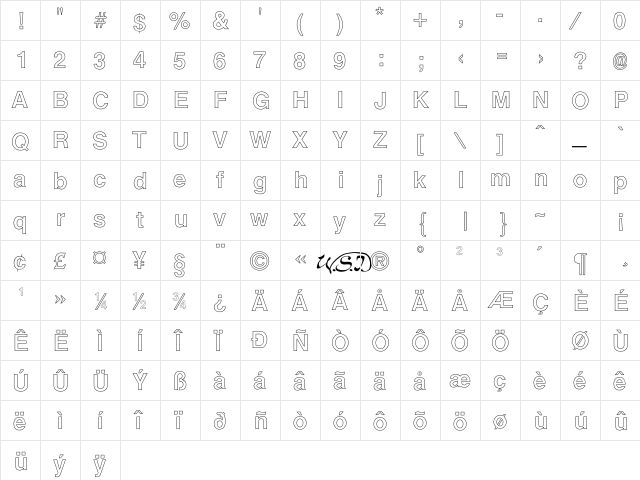 Arena Outline Regular  glyph index