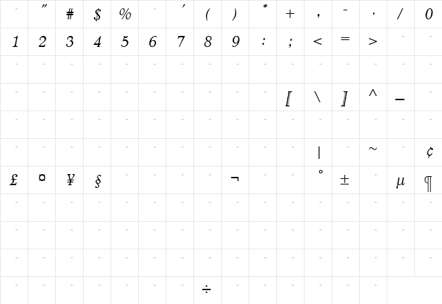 TCAdministerBookItalTab Roman  glyph index