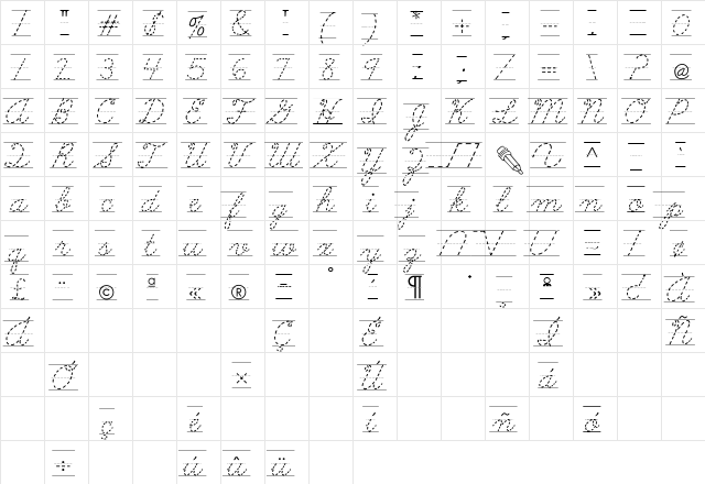 AbcCursiveDottedLined Regular  glyph index