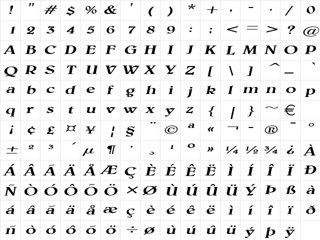 BlewExtended Italic  glyph index