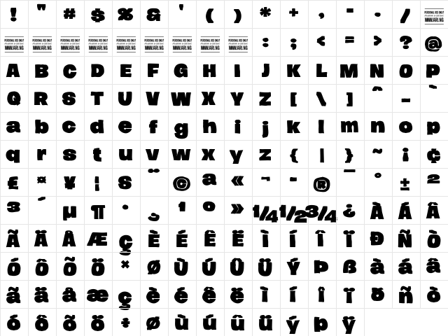 Hierograf Solid PERSONAL USE Regular  glyph index