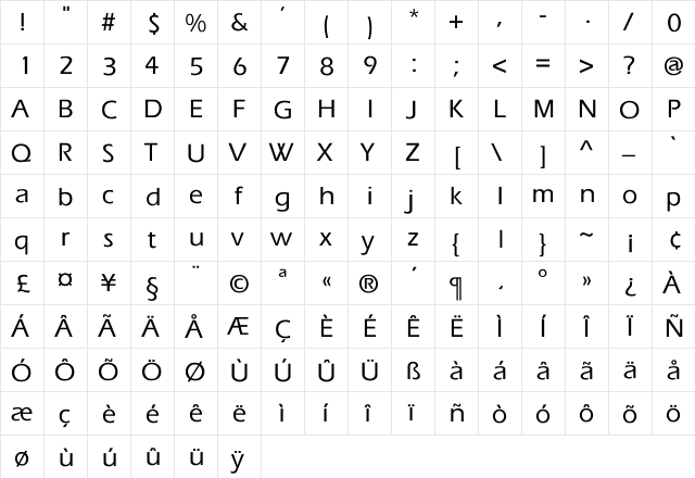 Dublin Light-Bold Regular  glyph index
