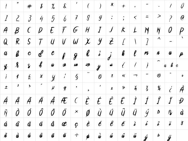 Friday_Honey Regular  glyph index