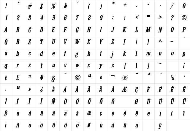 Colonel Bold Italic  glyph index