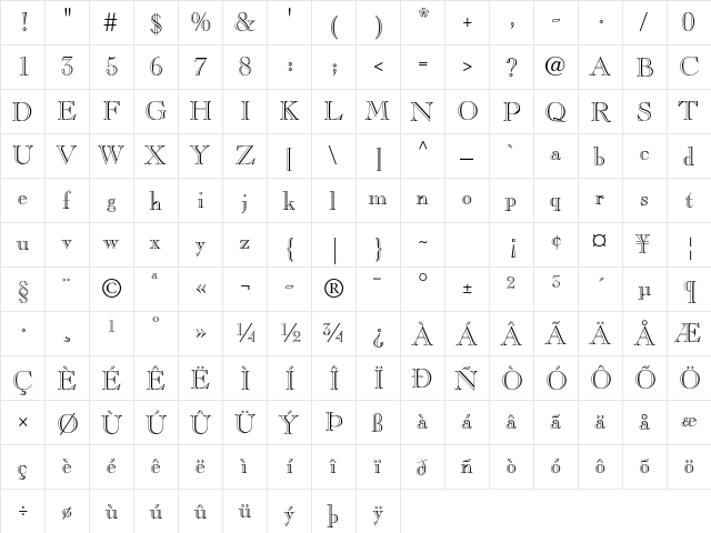 Caslon Open Face LT Std Regular  glyph index
