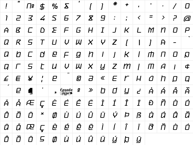 Hydrogen Bold Italic  glyph index