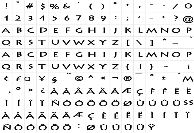 Liste Extended Bold  glyph index