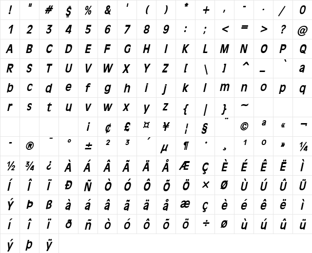 Antiqua 101-Condensed Bold Italic  glyph index