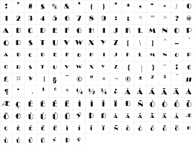 BravoEngraved Regular  glyph index