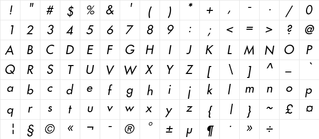 FavoritC Italic  glyph index