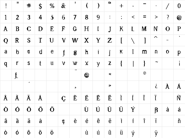Tape Regular  glyph index