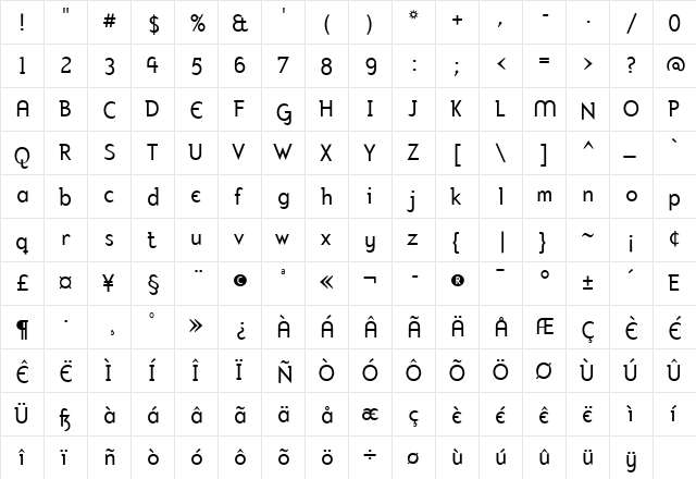 Mercury Regular  glyph index