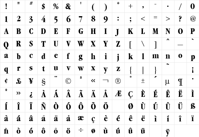 Garamond Condensed Bold  glyph index