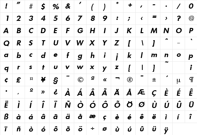 Limerick-Serial BoldItalic  glyph index