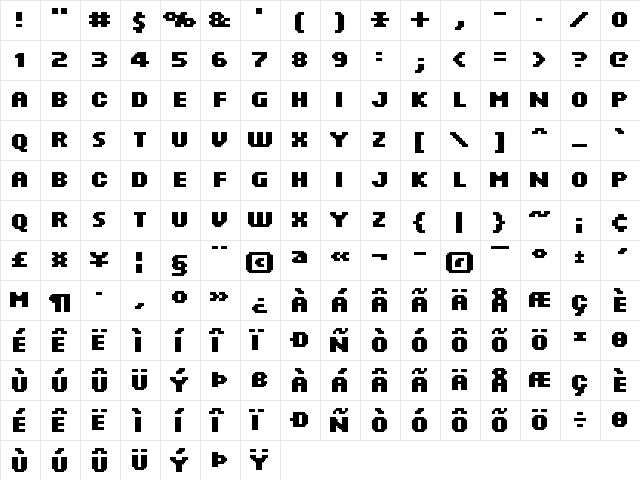 FFF Minute Bold Extended Regular  glyph index