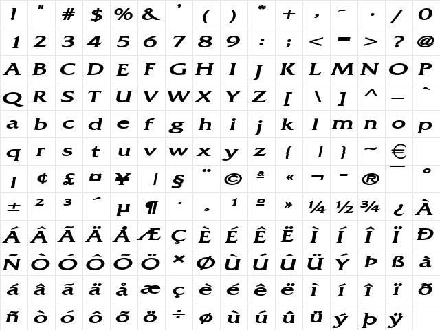 FrancoExtended BoldItalic  glyph index