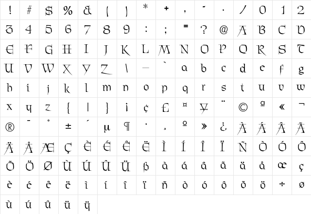 Chevalier Regular  glyph index