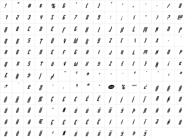 The Immortal Condensed Italic Condensed Italic  glyph index