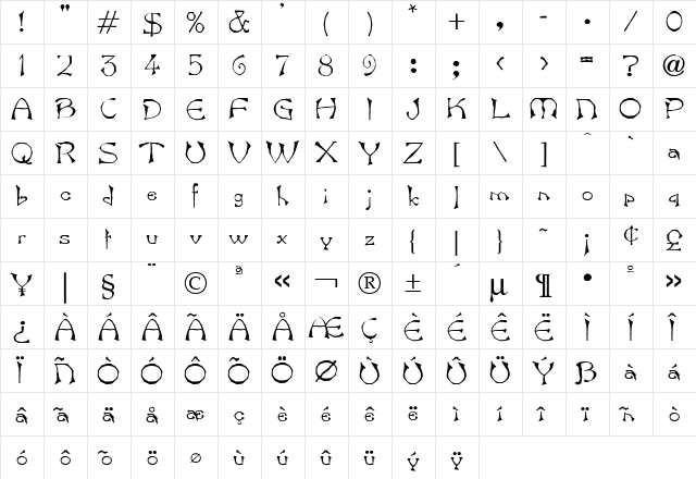 Bard Regular  glyph index