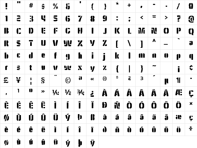 Hybrea Dirty Regular  glyph index