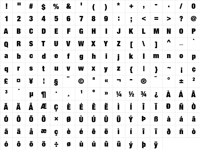 Helvetica Neue 107 Extra Black Condensed  glyph index