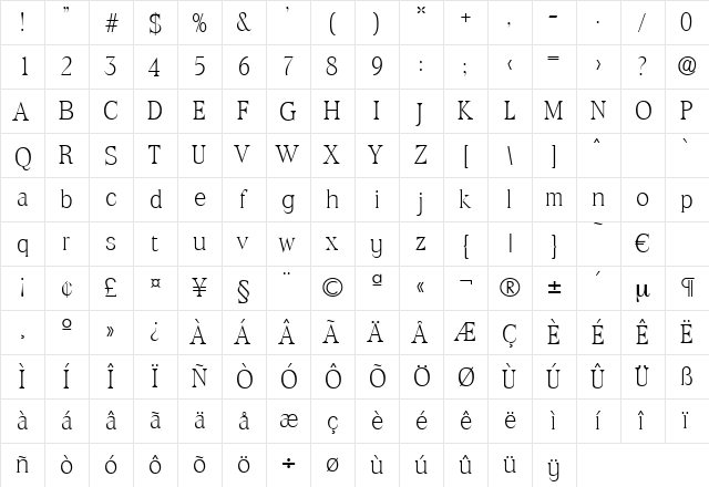Toledo-Xlight Regular  glyph index