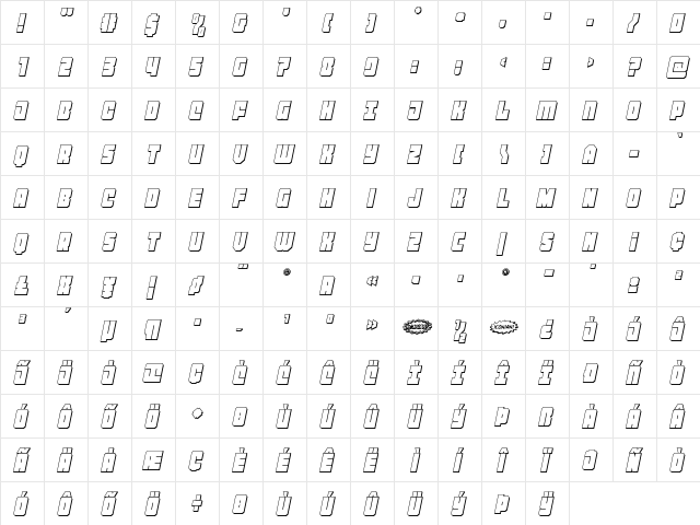 Homebase 3D Italic Regular  glyph index