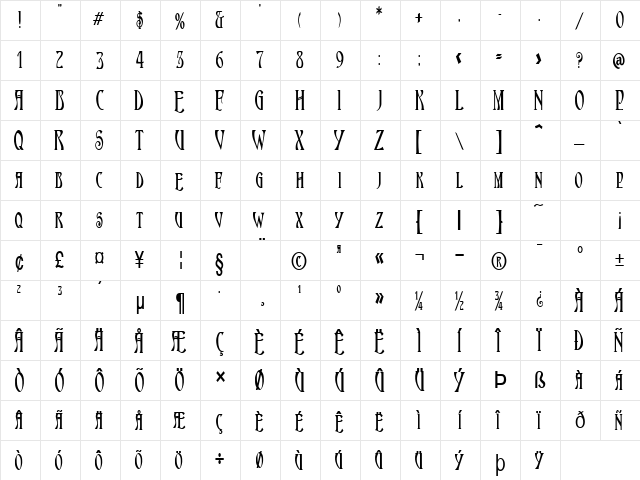 Nouveau-Condensed Bold  glyph index