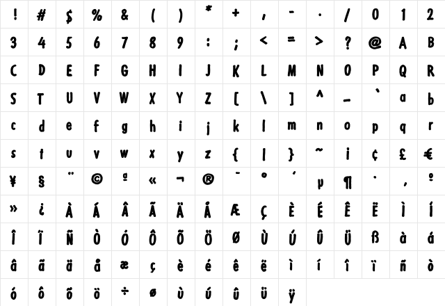 Futuramano Condensed XeBold Regular  glyph index