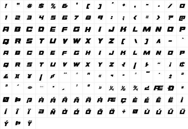 Ore Crusher Italic Italic  glyph index