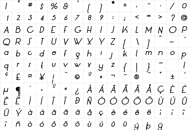 LT Oksana Medium Italic  glyph index