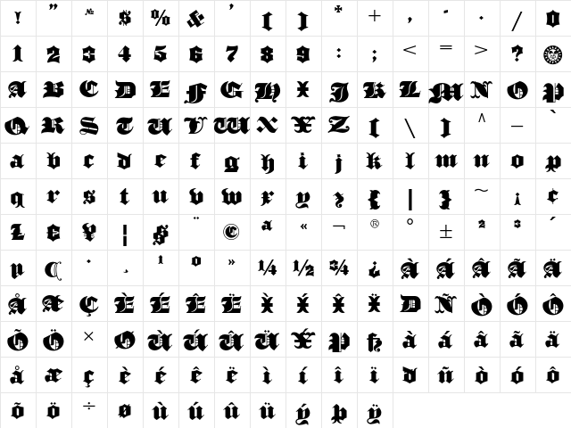 BostonBlackieNF Regular  glyph index