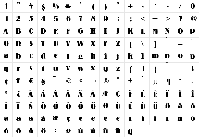 Louis Bold  glyph index