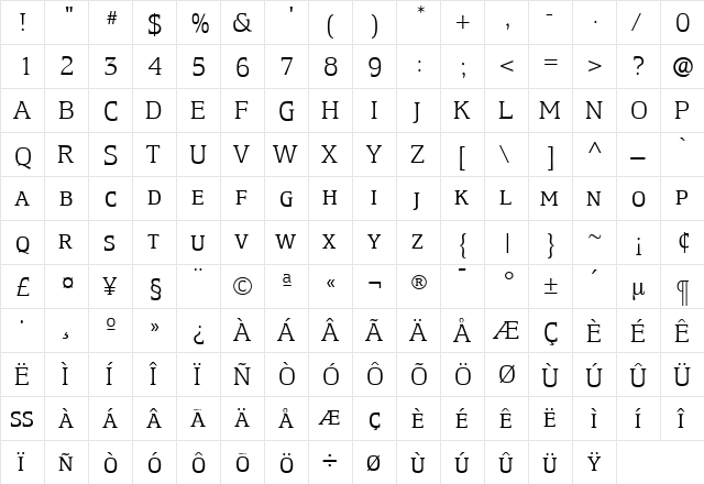 EquestrienneLightExpert Roman  glyph index