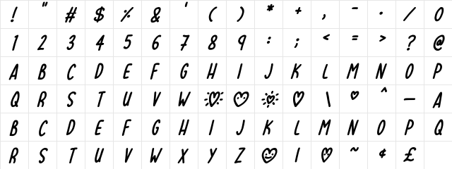 Lovehearts XYZ Italic  glyph index