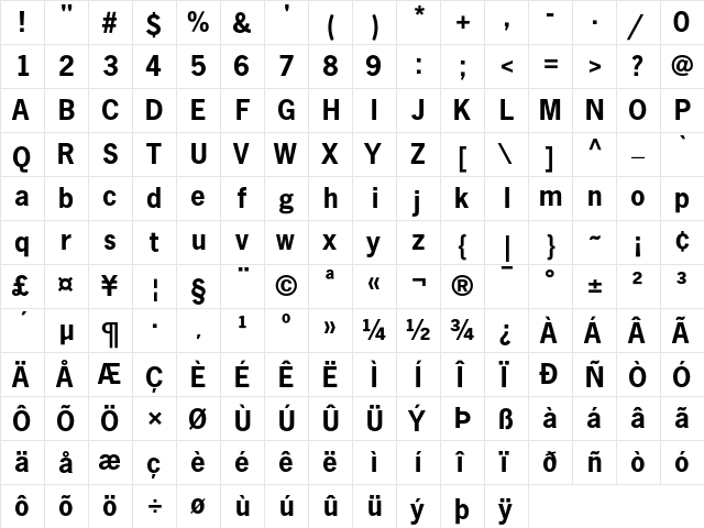 News Gothic Bold  glyph index